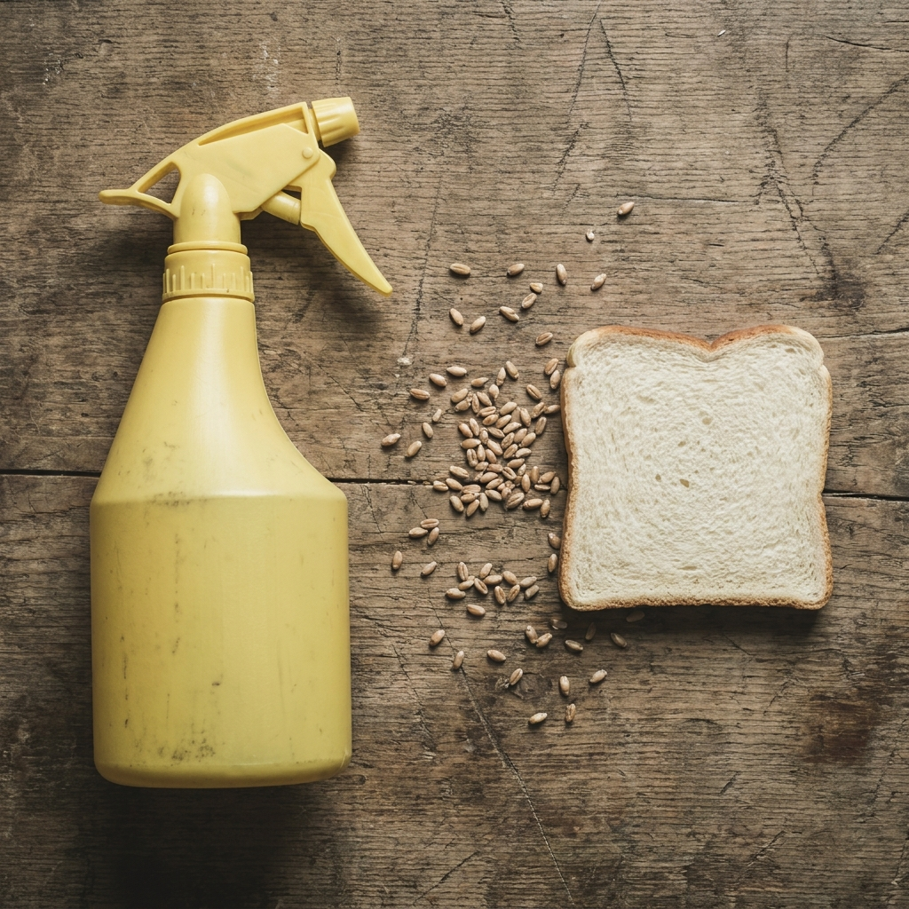 Herbicide spray bottle next to grocery bread