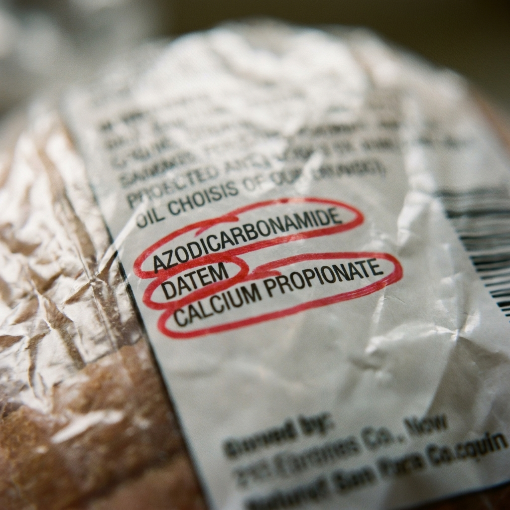 Toxic chemical additives circled on a bread ingredient label