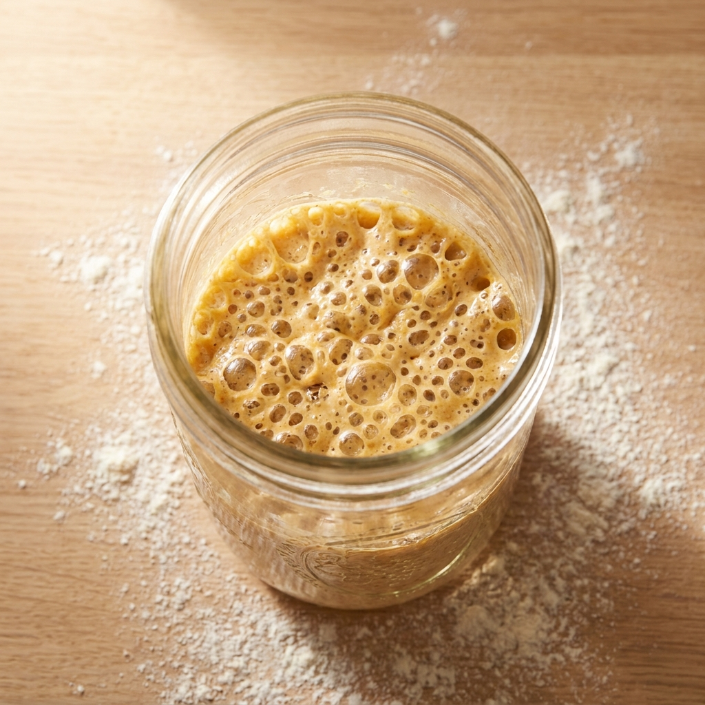 Active bubbling sourdough starter in a glass jar