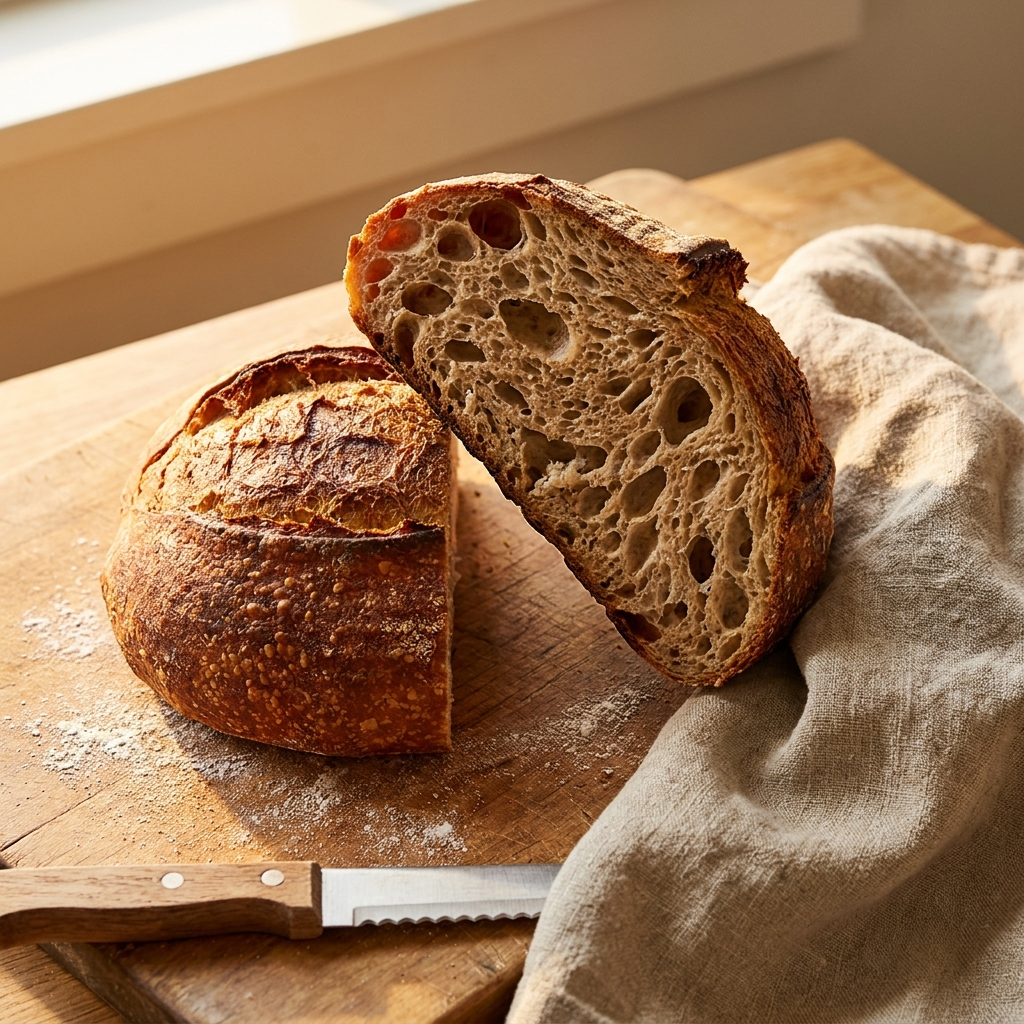 KozyKraft live sourdough starter jar and freshly baked sourdough loaf on a kitchen counter