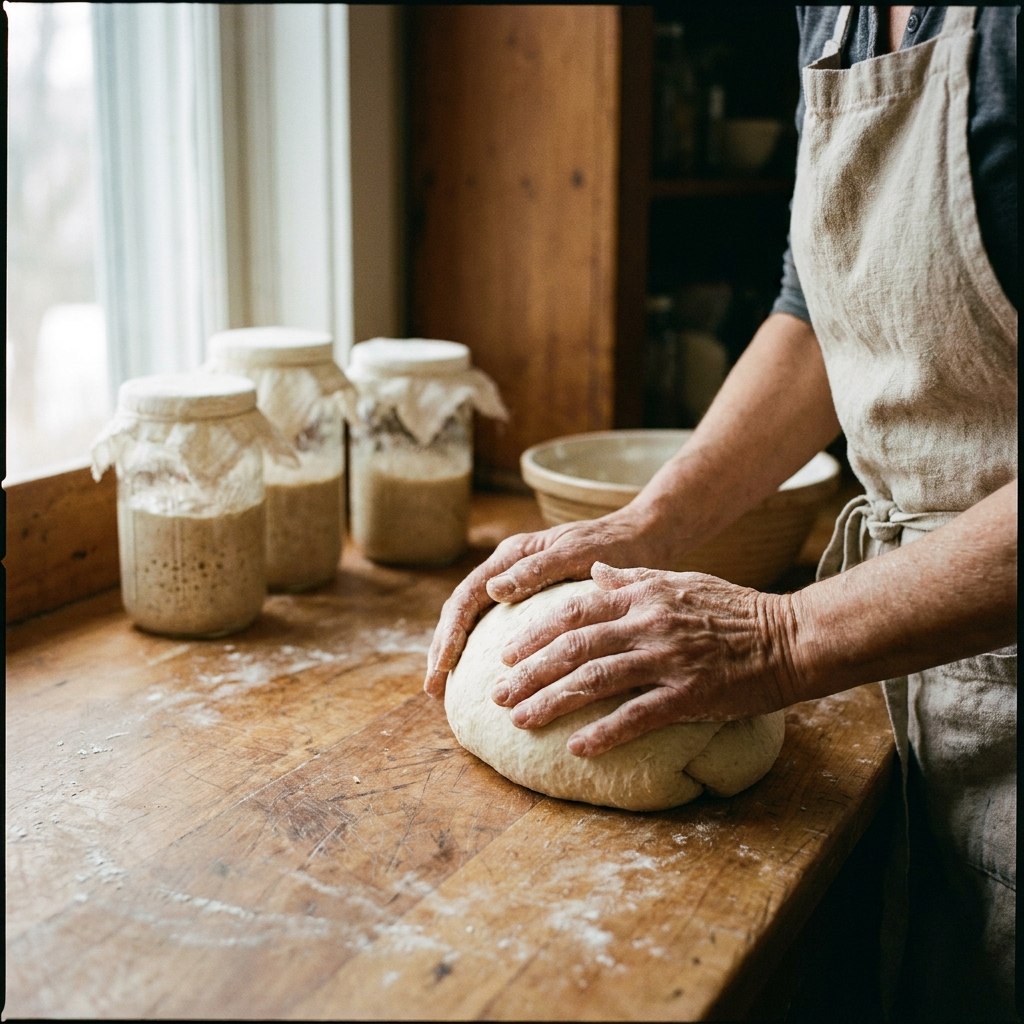 Flour-dusted hands kneading bread dough in a small Ohio kitchen
