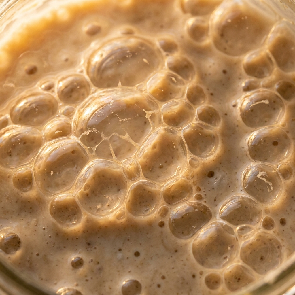 Macro closeup of a vibrant active sourdough starter
