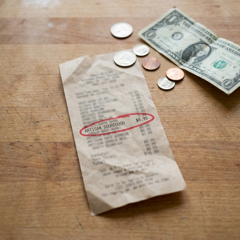 Grocery receipt with $8.99 sourdough loaf circled in red
