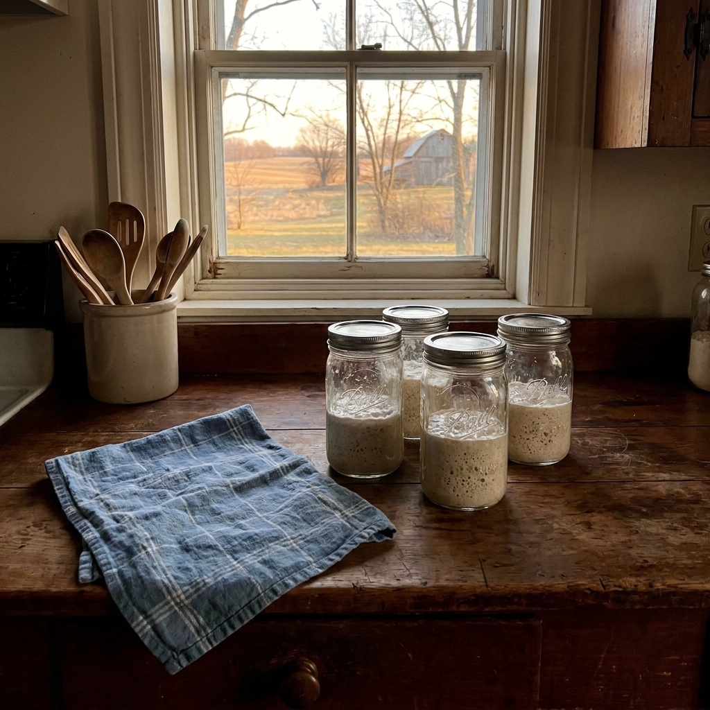 Small homestead kitchen in rural Ohio with jars of sourdough starter